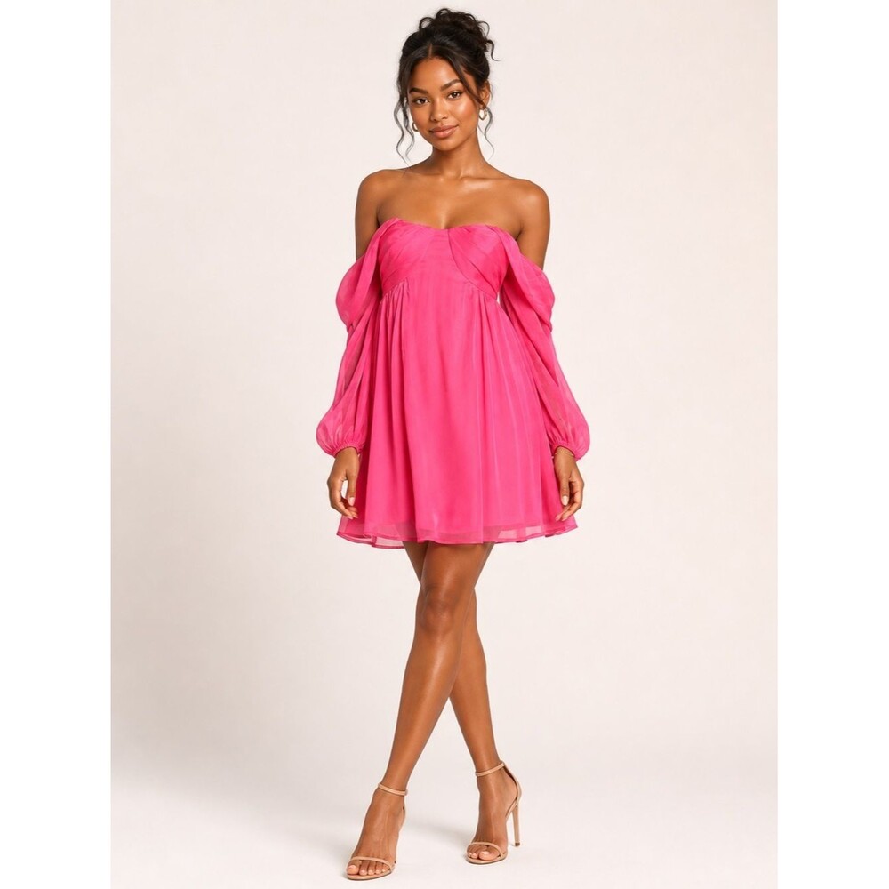 Lulus Dream Desire Hot Pink Off Shoulder Mini Dress Medium NWT Babydoll Party